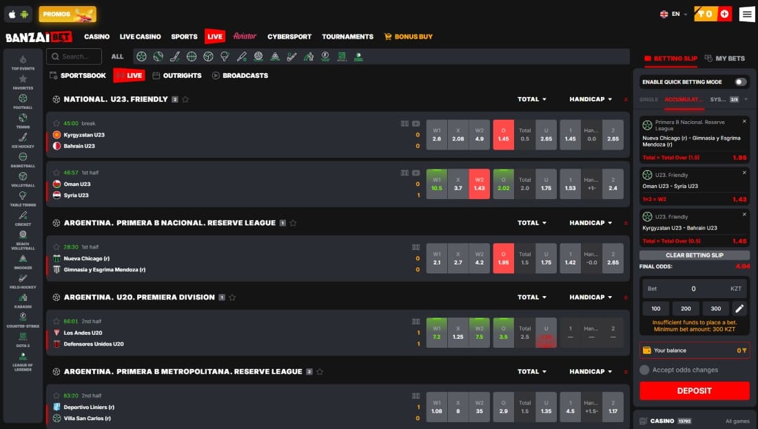 Betting slip on Banzai with selected live matches, odds and quick betting feature enabled