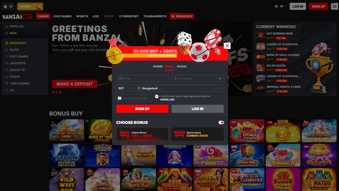 Registration bonus screen on Banzai offering 25000 BDT and 200 free spins for new players