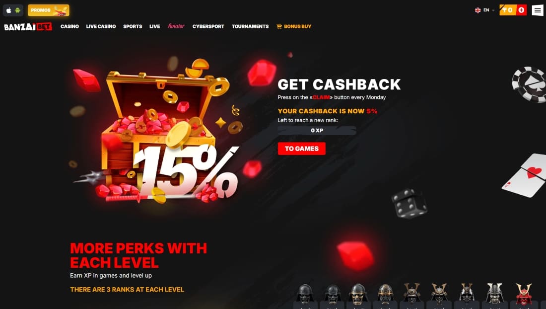Banzai cashback promotion page showing 15 percent cashback bonus and level perks details