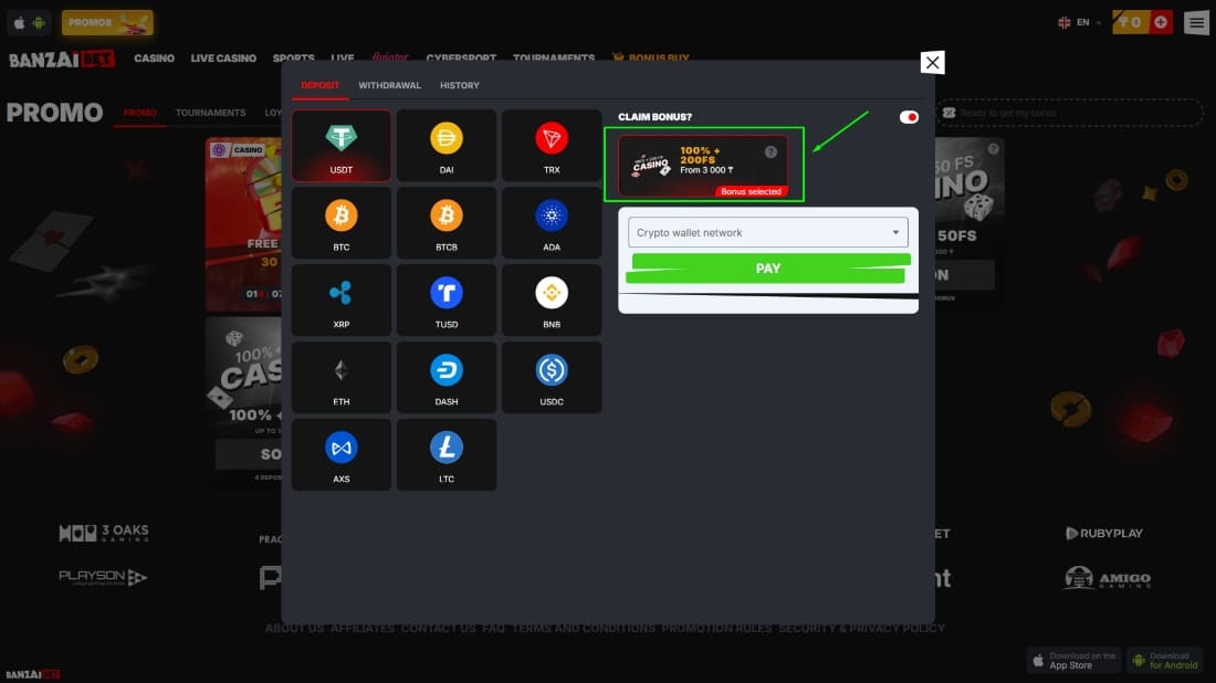 Deposit menu on Banzai with various crypto payment methods and active casino bonus selection