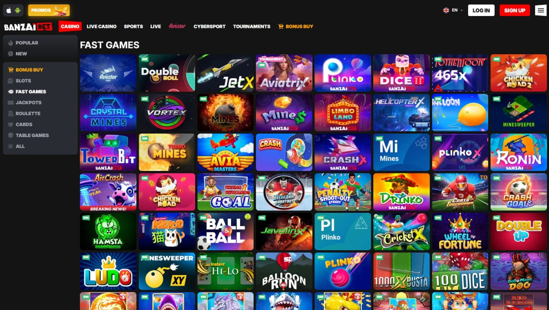 Fast games section on Banzai featuring Aviator, JetX, Plinko, Dice, and Mines games