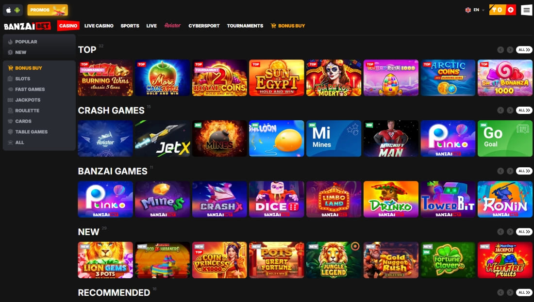 Overview of Banzai games including top slots, crash games, Banzai exclusives and new releases