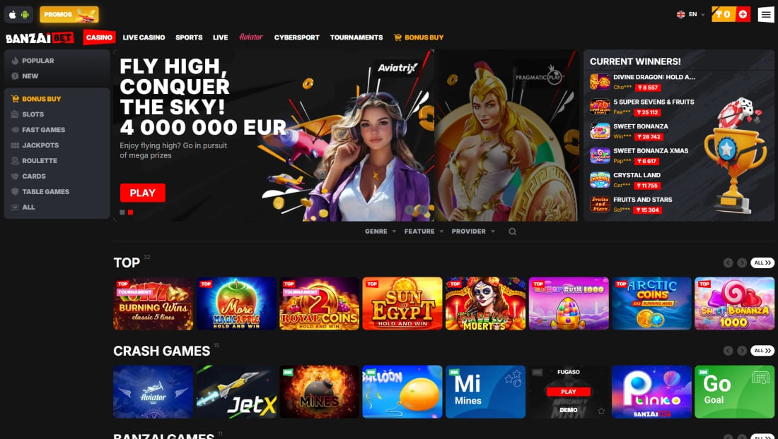 Banzai casino homepage with top slots, crash games, and promotional banner featuring mega prize