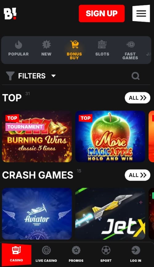 Banzai mobile interface showing top slot games and crash games like Aviator and JetX