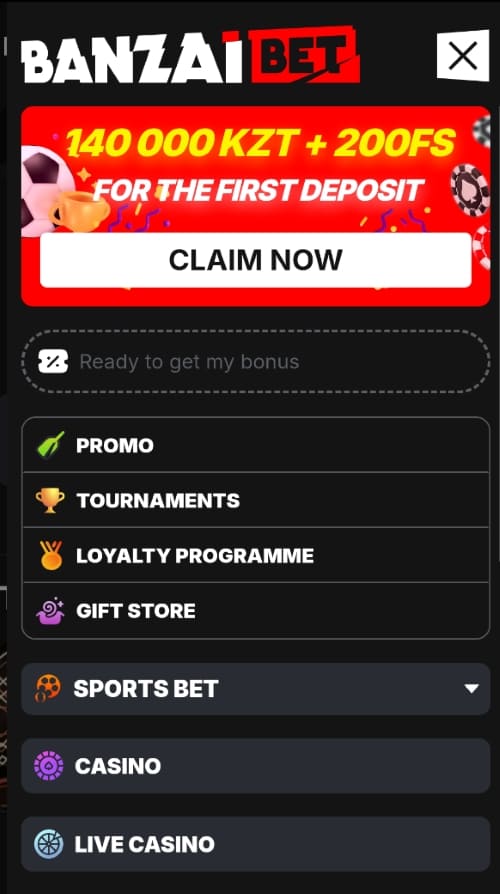 Mobile menu on Banzai app with promo section, loyalty program, sports and live casino options