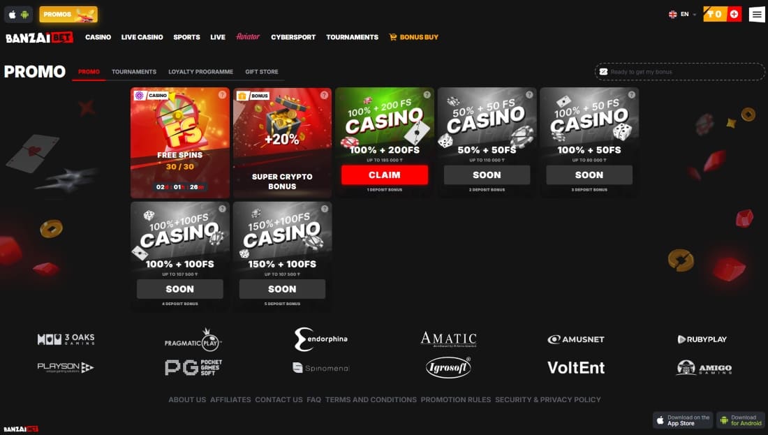 Promotions page on Banzai with welcome bonus, free spins and crypto bonus offers displayed
