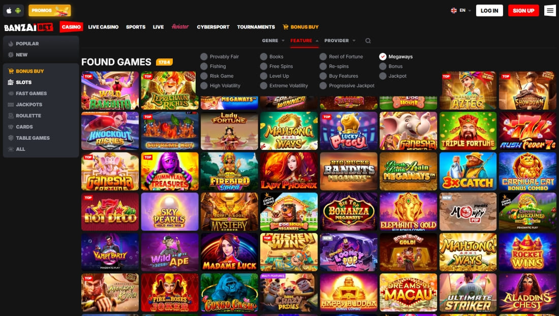 Grid of colorful slot games on Banzai including Megaways, Knockout Riches, and Supreme Hot
