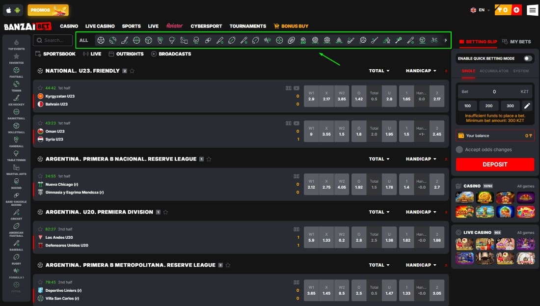 Banzai sports betting screen with multiple live football matches, odds and quick betting mode