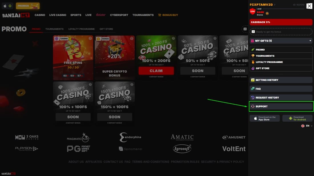 Banzai user profile menu showing cashback promo offers loyalty program and support option