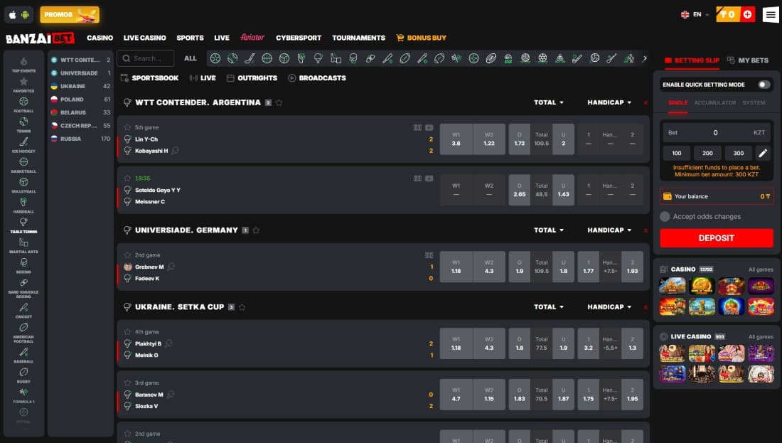 Banzai sportsbook showing table tennis matches with live scores and betting markets available