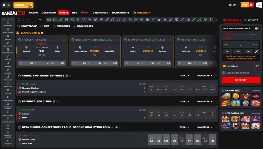 Top events page on Banzai sportsbook featuring UEFA and club matches with betting options